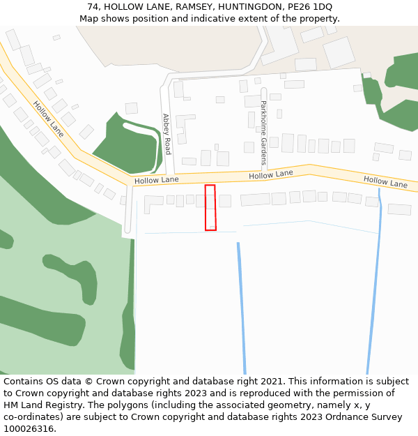 74, HOLLOW LANE, RAMSEY, HUNTINGDON, PE26 1DQ: Location map and indicative extent of plot