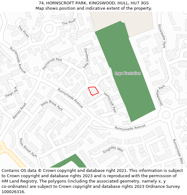 74, HORNSCROFT PARK, KINGSWOOD, HULL, HU7 3GS: Location map and indicative extent of plot