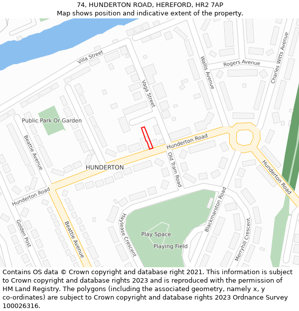 74, HUNDERTON ROAD, HEREFORD, HR2 7AP: Location map and indicative extent of plot