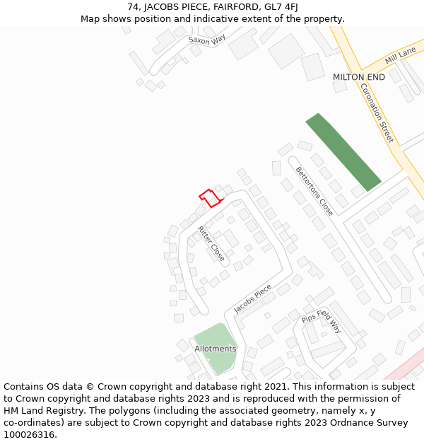 74, JACOBS PIECE, FAIRFORD, GL7 4FJ: Location map and indicative extent of plot