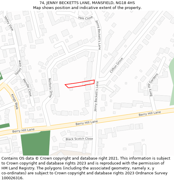 74, JENNY BECKETTS LANE, MANSFIELD, NG18 4HS: Location map and indicative extent of plot