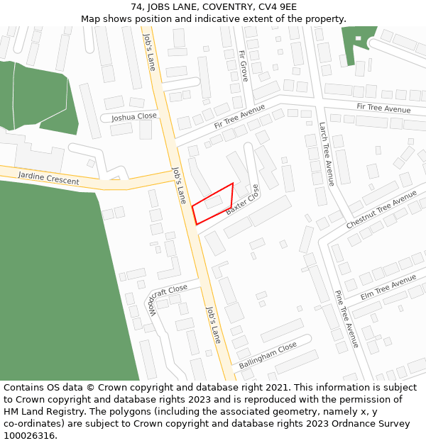 74, JOBS LANE, COVENTRY, CV4 9EE: Location map and indicative extent of plot