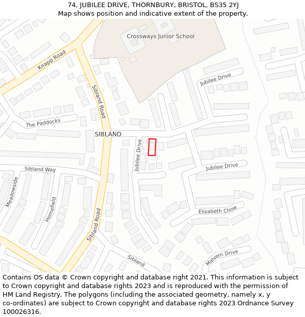 74, JUBILEE DRIVE, THORNBURY, BRISTOL, BS35 2YJ: Location map and indicative extent of plot