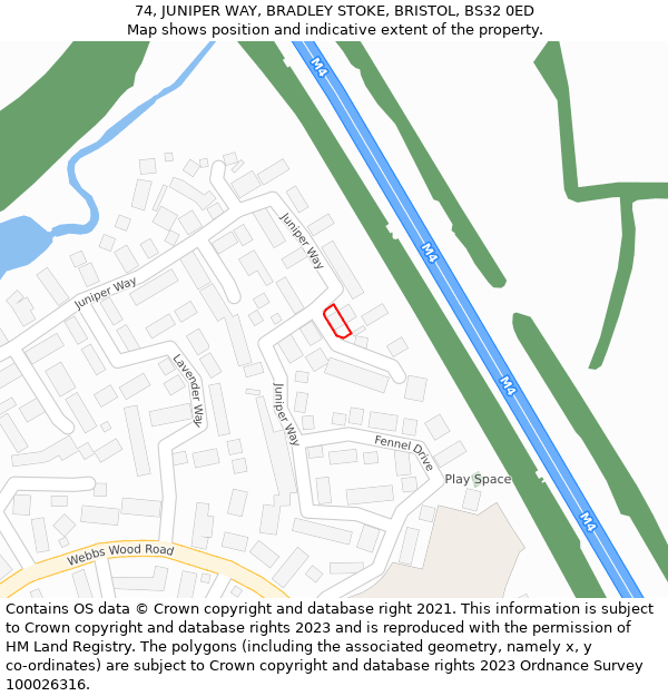 74, JUNIPER WAY, BRADLEY STOKE, BRISTOL, BS32 0ED: Location map and indicative extent of plot