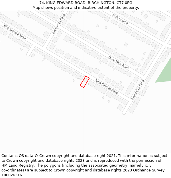 74, KING EDWARD ROAD, BIRCHINGTON, CT7 0EG: Location map and indicative extent of plot