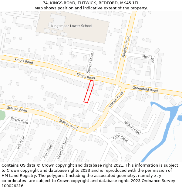 74, KINGS ROAD, FLITWICK, BEDFORD, MK45 1EL: Location map and indicative extent of plot