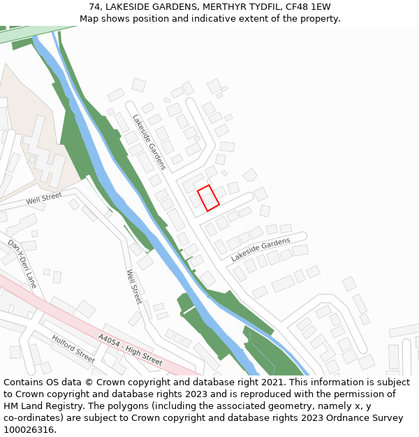 74, LAKESIDE GARDENS, MERTHYR TYDFIL, CF48 1EW: Location map and indicative extent of plot