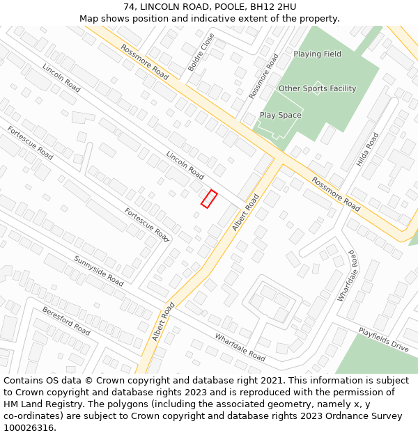 74, LINCOLN ROAD, POOLE, BH12 2HU: Location map and indicative extent of plot