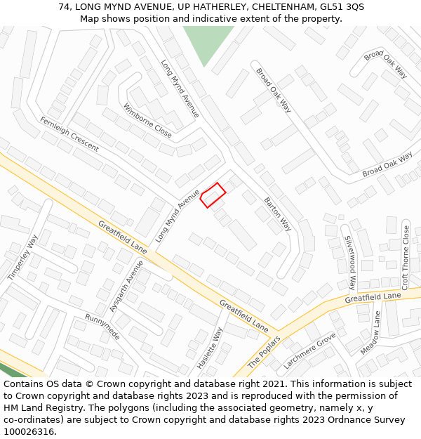 74, LONG MYND AVENUE, UP HATHERLEY, CHELTENHAM, GL51 3QS: Location map and indicative extent of plot