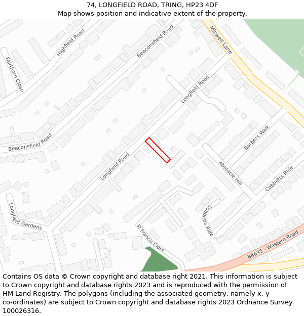 74, LONGFIELD ROAD, TRING, HP23 4DF: Location map and indicative extent of plot