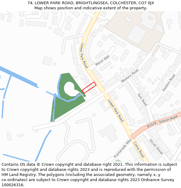 74, LOWER PARK ROAD, BRIGHTLINGSEA, COLCHESTER, CO7 0JX: Location map and indicative extent of plot