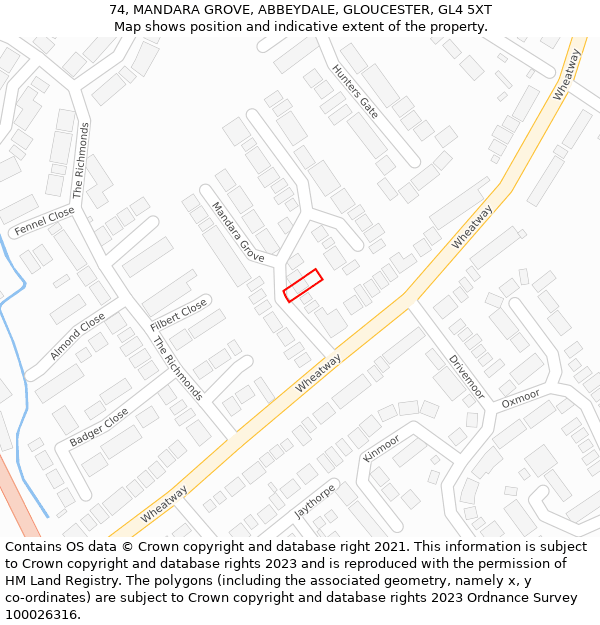 74, MANDARA GROVE, ABBEYDALE, GLOUCESTER, GL4 5XT: Location map and indicative extent of plot