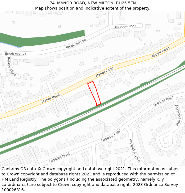 74, MANOR ROAD, NEW MILTON, BH25 5EN: Location map and indicative extent of plot