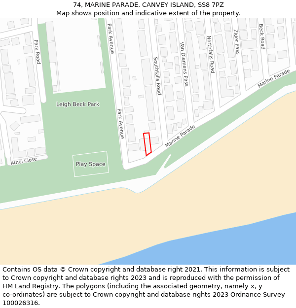 74, MARINE PARADE, CANVEY ISLAND, SS8 7PZ: Location map and indicative extent of plot