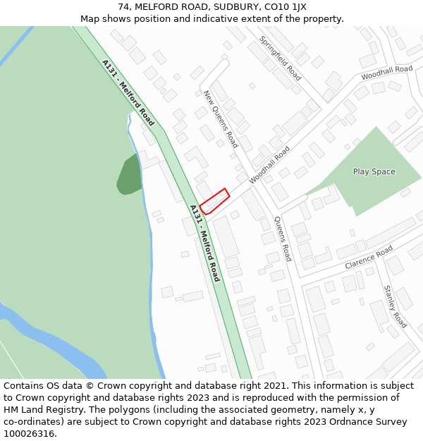 74, MELFORD ROAD, SUDBURY, CO10 1JX: Location map and indicative extent of plot