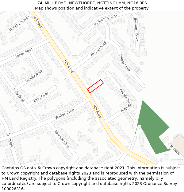 74, MILL ROAD, NEWTHORPE, NOTTINGHAM, NG16 3PS: Location map and indicative extent of plot