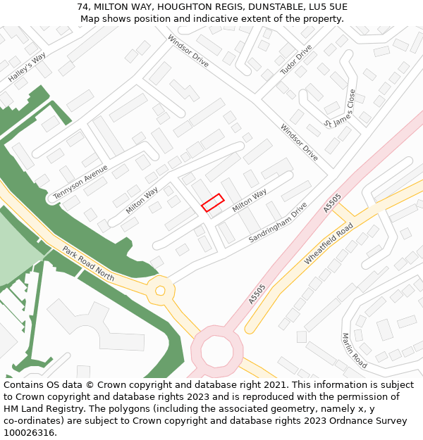 74, MILTON WAY, HOUGHTON REGIS, DUNSTABLE, LU5 5UE: Location map and indicative extent of plot