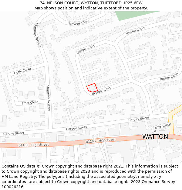 74, NELSON COURT, WATTON, THETFORD, IP25 6EW: Location map and indicative extent of plot