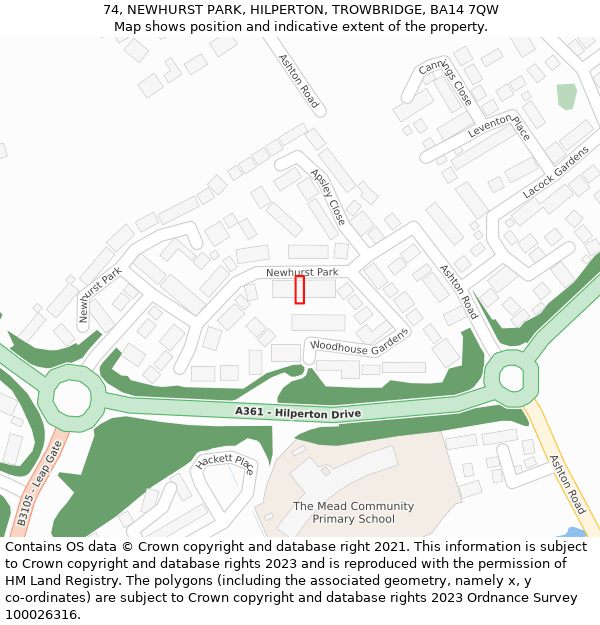 74, NEWHURST PARK, HILPERTON, TROWBRIDGE, BA14 7QW: Location map and indicative extent of plot