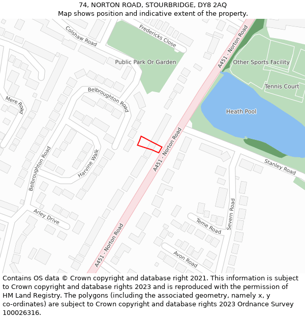 74, NORTON ROAD, STOURBRIDGE, DY8 2AQ: Location map and indicative extent of plot