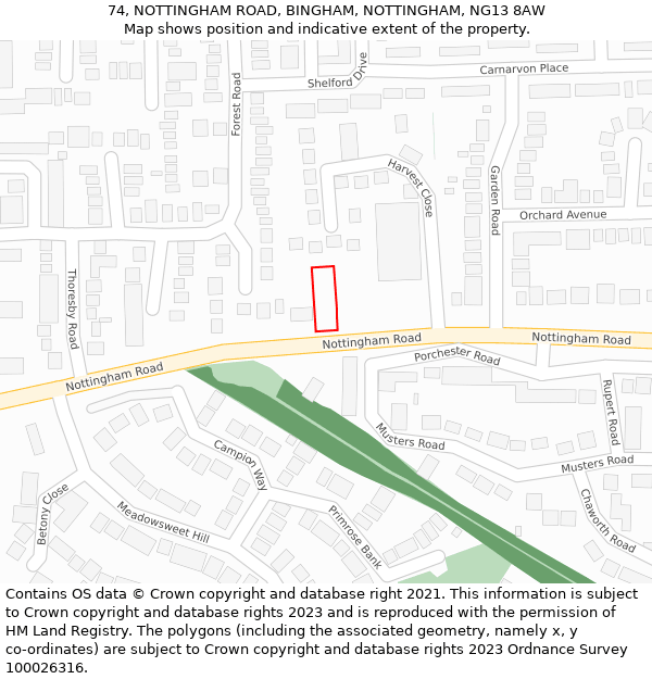 74, NOTTINGHAM ROAD, BINGHAM, NOTTINGHAM, NG13 8AW: Location map and indicative extent of plot