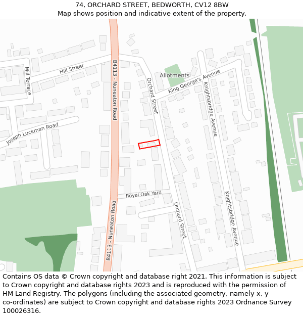 74, ORCHARD STREET, BEDWORTH, CV12 8BW: Location map and indicative extent of plot