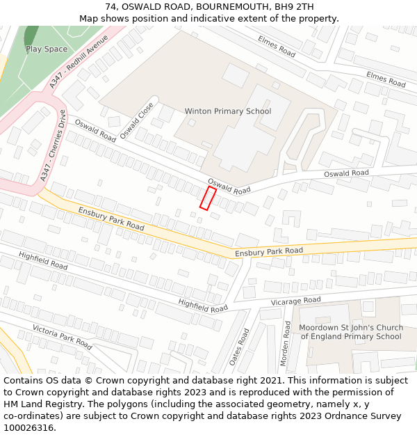 74, OSWALD ROAD, BOURNEMOUTH, BH9 2TH: Location map and indicative extent of plot