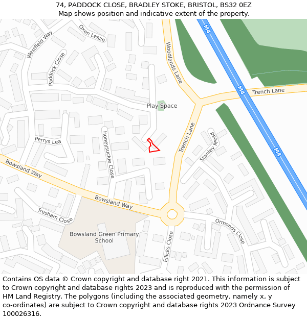 74, PADDOCK CLOSE, BRADLEY STOKE, BRISTOL, BS32 0EZ: Location map and indicative extent of plot