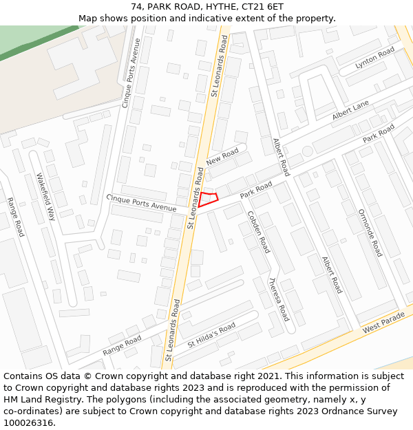 74, PARK ROAD, HYTHE, CT21 6ET: Location map and indicative extent of plot