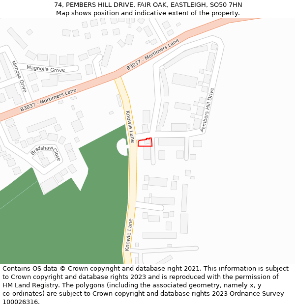 74, PEMBERS HILL DRIVE, FAIR OAK, EASTLEIGH, SO50 7HN: Location map and indicative extent of plot