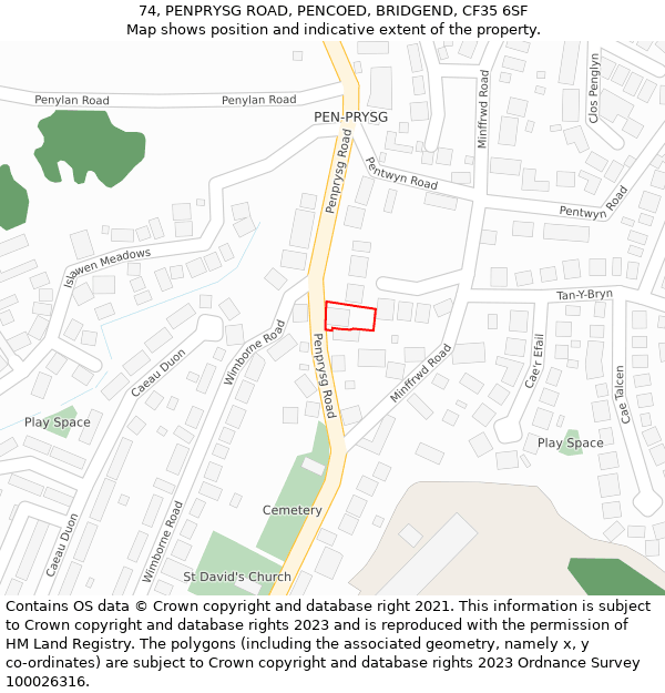 74, PENPRYSG ROAD, PENCOED, BRIDGEND, CF35 6SF: Location map and indicative extent of plot