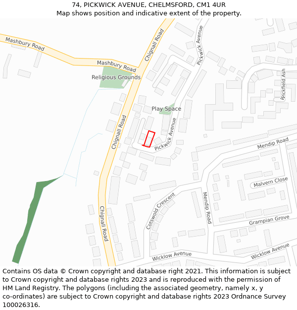 74, PICKWICK AVENUE, CHELMSFORD, CM1 4UR: Location map and indicative extent of plot