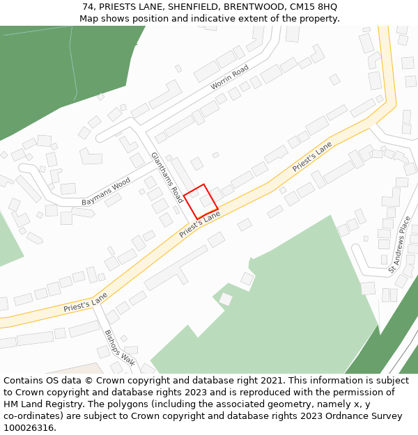74, PRIESTS LANE, SHENFIELD, BRENTWOOD, CM15 8HQ: Location map and indicative extent of plot