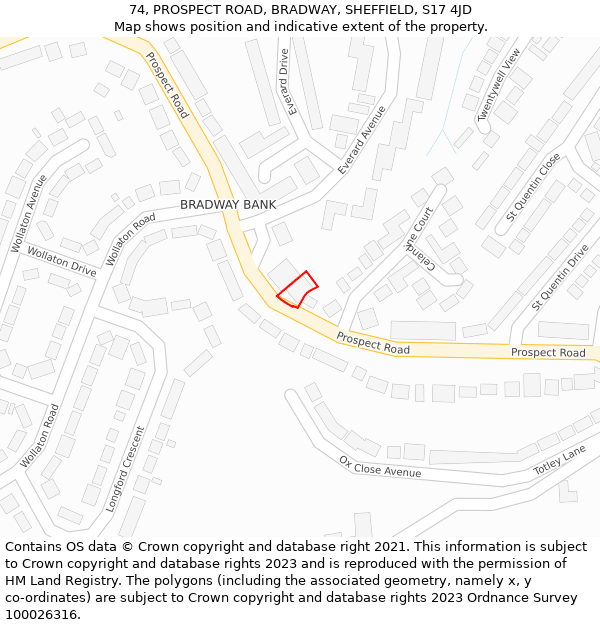 74, PROSPECT ROAD, BRADWAY, SHEFFIELD, S17 4JD: Location map and indicative extent of plot