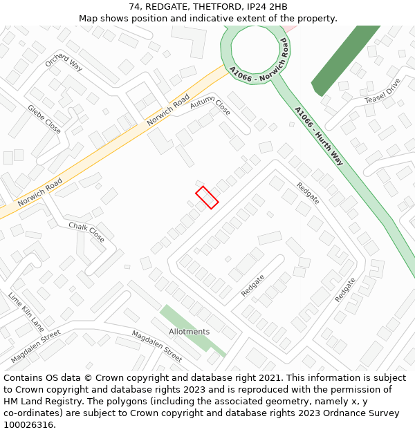 74, REDGATE, THETFORD, IP24 2HB: Location map and indicative extent of plot