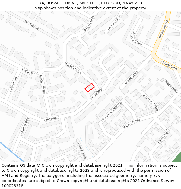 74, RUSSELL DRIVE, AMPTHILL, BEDFORD, MK45 2TU: Location map and indicative extent of plot