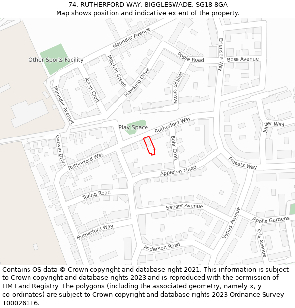 74, RUTHERFORD WAY, BIGGLESWADE, SG18 8GA: Location map and indicative extent of plot