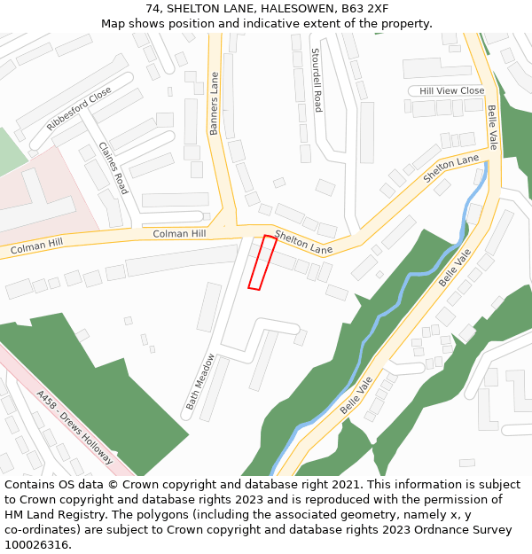 74, SHELTON LANE, HALESOWEN, B63 2XF: Location map and indicative extent of plot