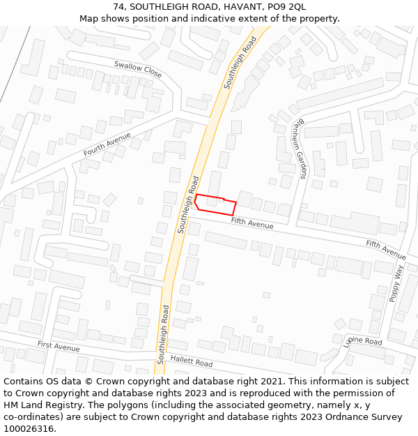 74, SOUTHLEIGH ROAD, HAVANT, PO9 2QL: Location map and indicative extent of plot