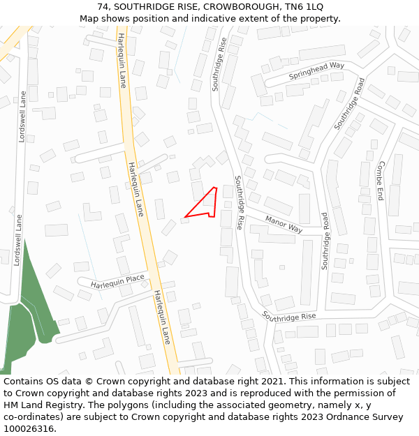 74, SOUTHRIDGE RISE, CROWBOROUGH, TN6 1LQ: Location map and indicative extent of plot