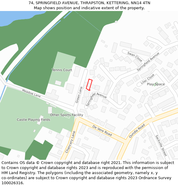 74, SPRINGFIELD AVENUE, THRAPSTON, KETTERING, NN14 4TN: Location map and indicative extent of plot