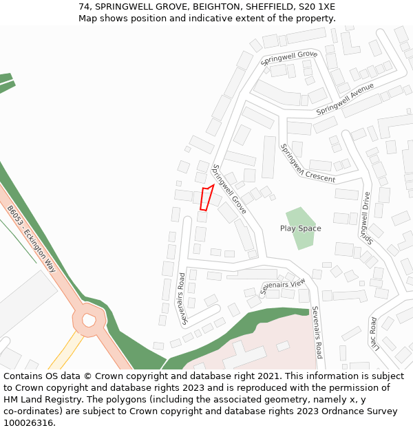 74, SPRINGWELL GROVE, BEIGHTON, SHEFFIELD, S20 1XE: Location map and indicative extent of plot