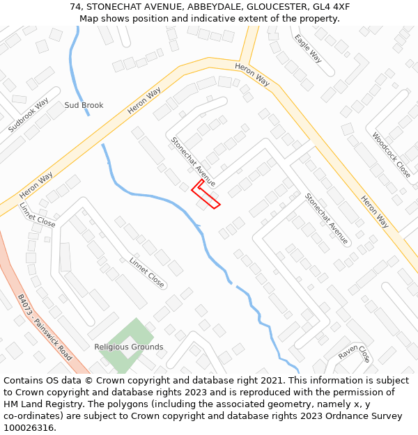 74, STONECHAT AVENUE, ABBEYDALE, GLOUCESTER, GL4 4XF: Location map and indicative extent of plot