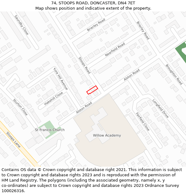 74, STOOPS ROAD, DONCASTER, DN4 7ET: Location map and indicative extent of plot