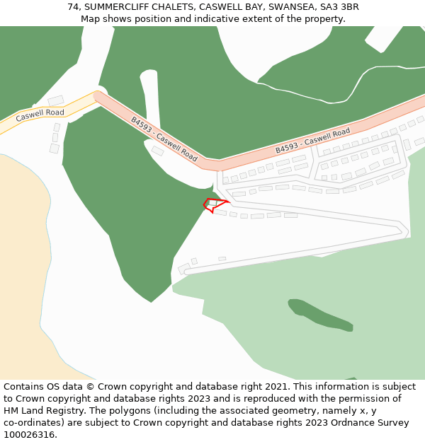 74, SUMMERCLIFF CHALETS, CASWELL BAY, SWANSEA, SA3 3BR: Location map and indicative extent of plot