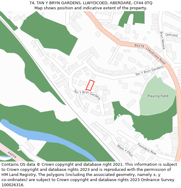 74, TAN Y BRYN GARDENS, LLWYDCOED, ABERDARE, CF44 0TQ: Location map and indicative extent of plot