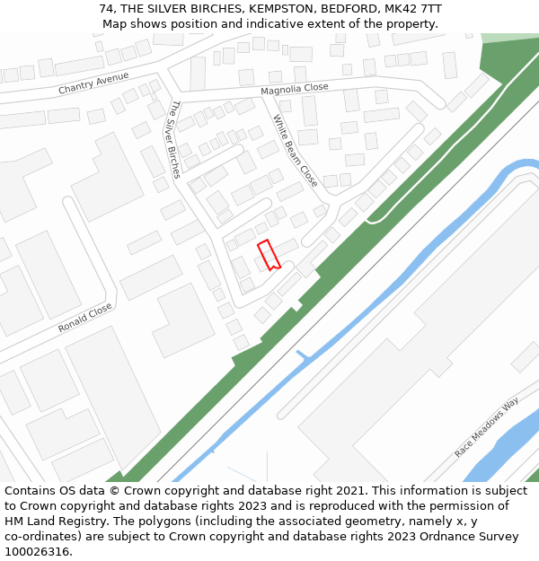 74, THE SILVER BIRCHES, KEMPSTON, BEDFORD, MK42 7TT: Location map and indicative extent of plot