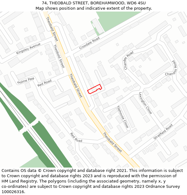74, THEOBALD STREET, BOREHAMWOOD, WD6 4SU: Location map and indicative extent of plot
