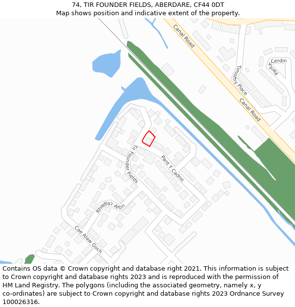 74, TIR FOUNDER FIELDS, ABERDARE, CF44 0DT: Location map and indicative extent of plot