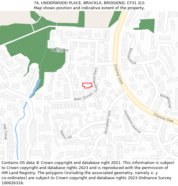 74, UNDERWOOD PLACE, BRACKLA, BRIDGEND, CF31 2LS: Location map and indicative extent of plot